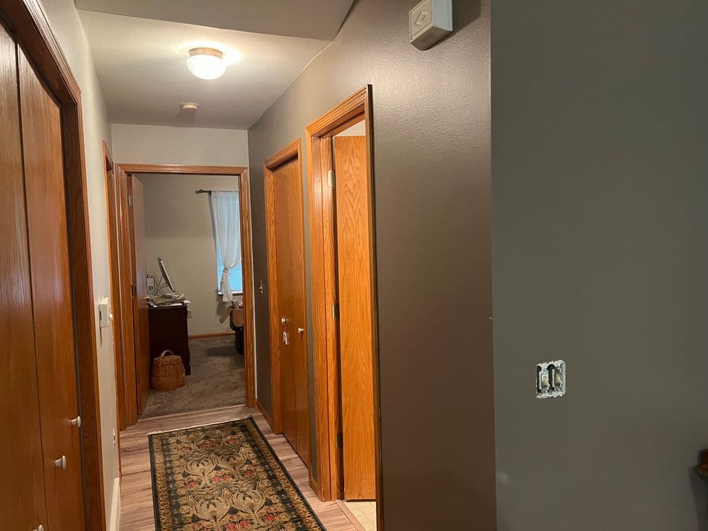 Interior hallway with wood doors, rug, and light fixture, leading to a cozy room.