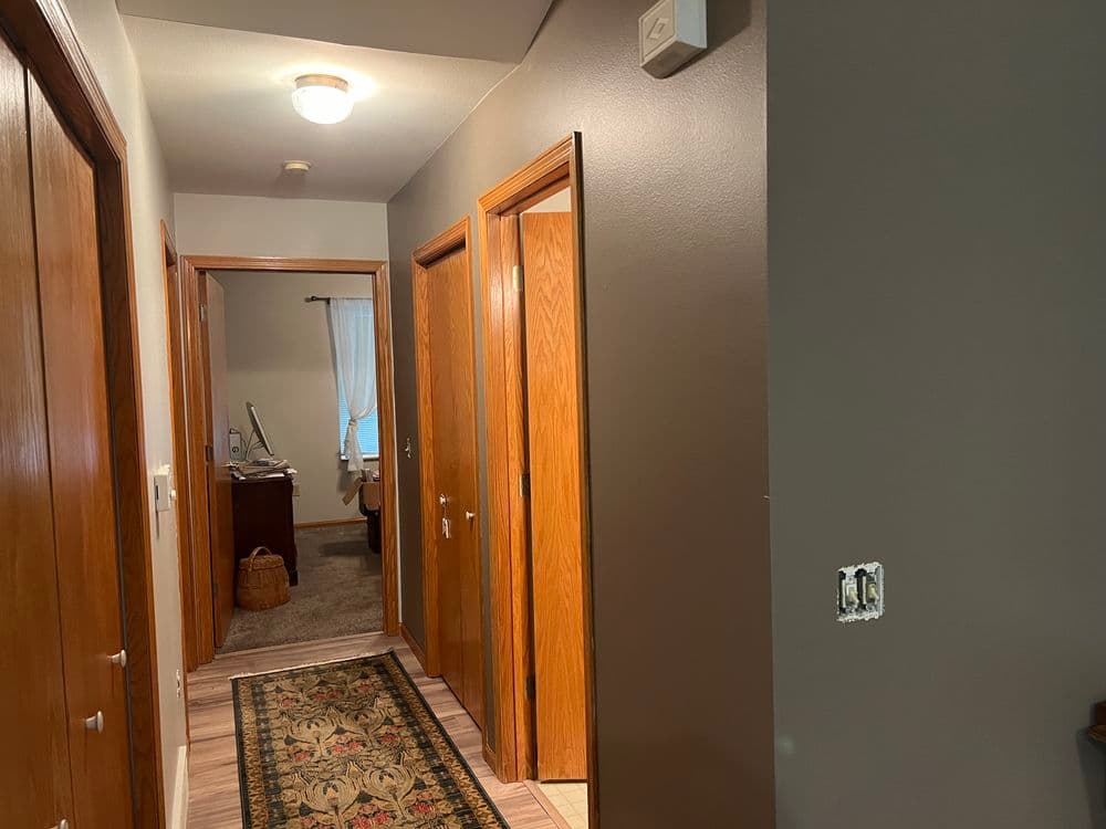 Hallway with wooden doors, carpet runner, and office in background, featuring neutral-colored walls.