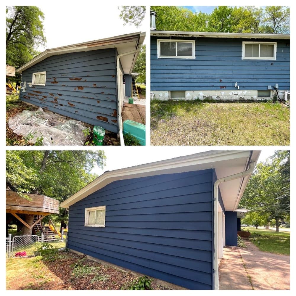 Before and after images of a house showing exterior siding damage and repairs in progress.