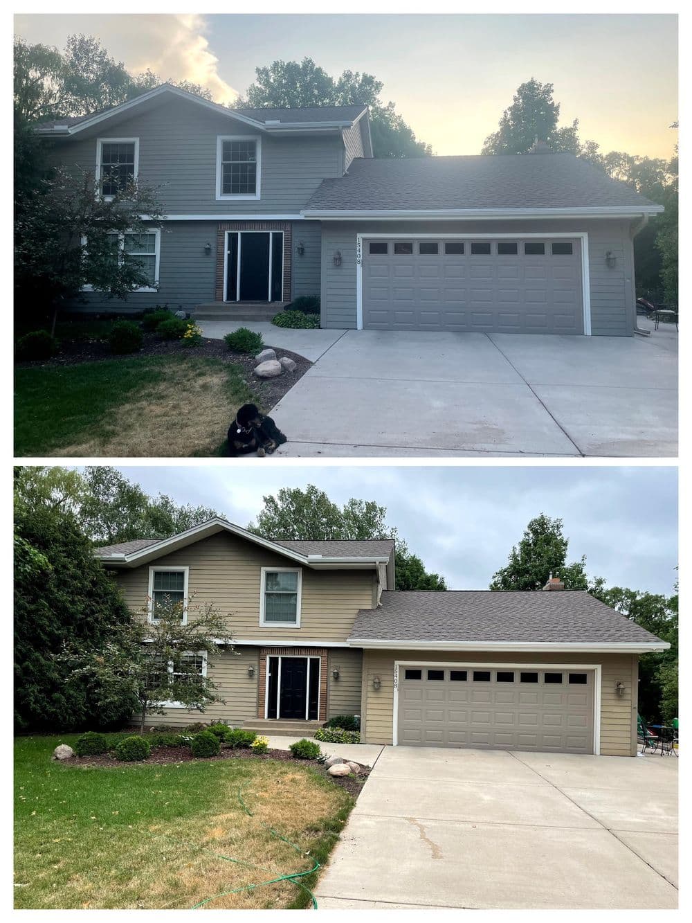 Before and after comparison of a home exterior renovation showing improved landscaping and curb appeal.