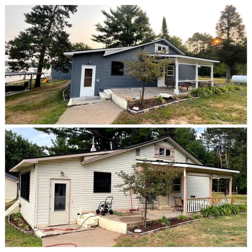 Before-and-after home renovation showcasing exterior upgrades and landscaping improvements.