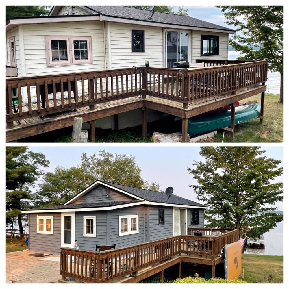 Before and after photos of a renovated lake house with a wooden deck and modern design.