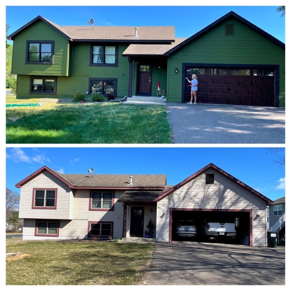 Before and after home renovation, showcasing exterior color changes and garage upgrades.